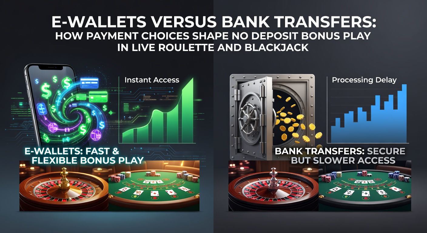 Vergelijking van e-wallet en bankoverschrijving iconen naast een live roulette tafel met no deposit bonus aanduiding