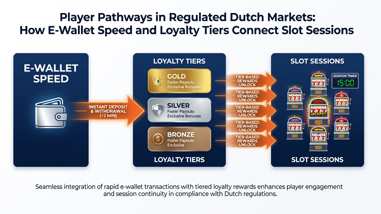 Grafiek die illustreert hoe loyaliteitstiers en e-wallet transacties spelers van slotsessies naar VIP live blackjack en roulette leiden in de Nederlandse markt