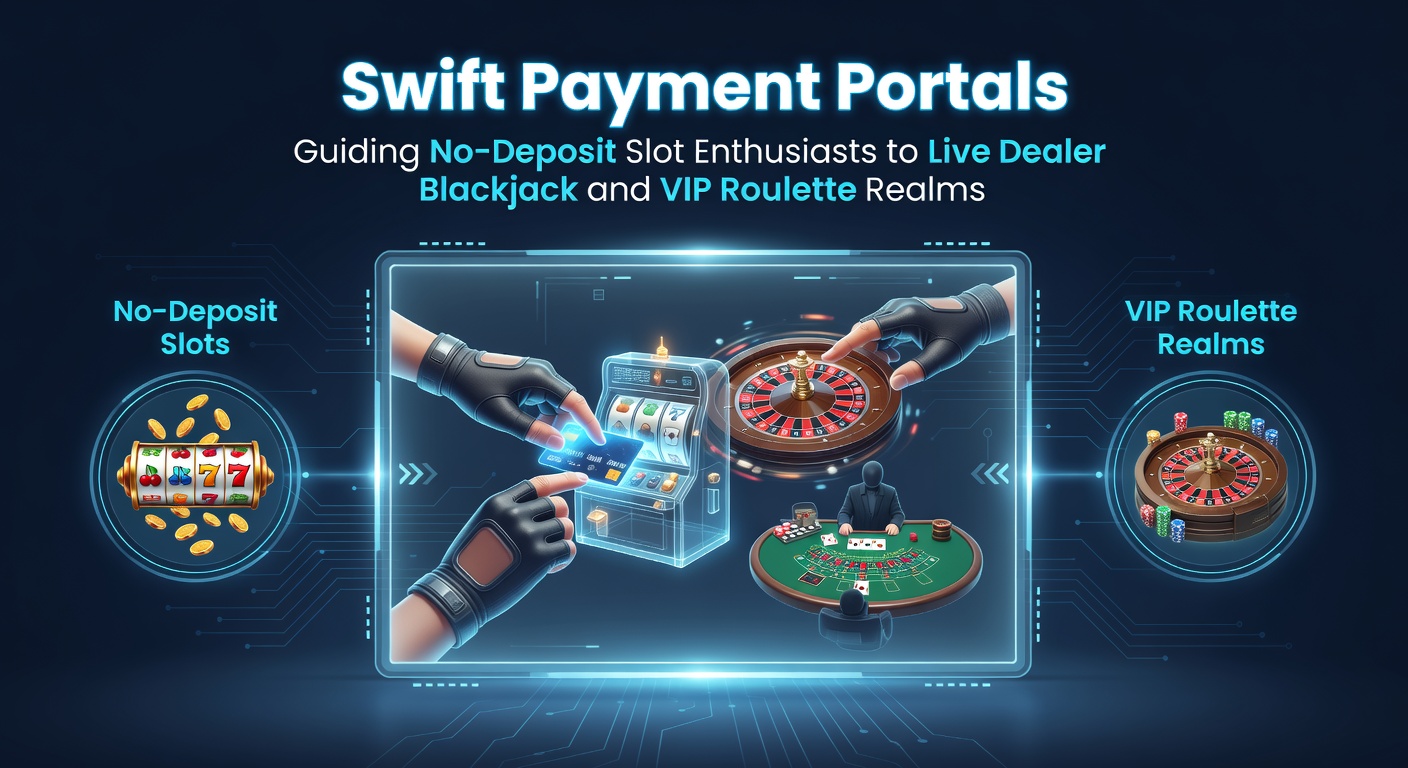 Grafische weergave van een snel betaalportaal dat no-deposit slotspelers verbindt met live dealer blackjack tafels en VIP roulette lounges